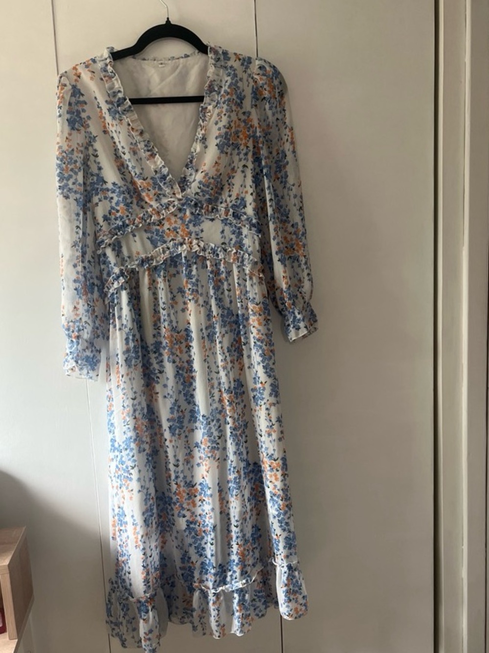 Floral V-Neck Maxi Dress in White with Blue & Peach Blossoms